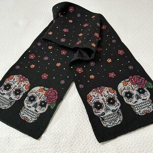 Sugar Skull Table Runner Black Flowers Dia de Los Muertos 70” X 13” Canvas